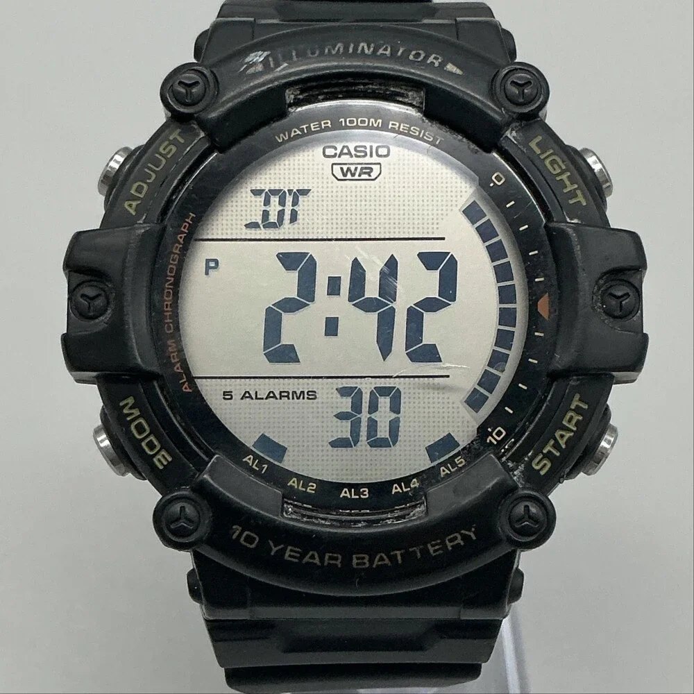 Casio AE-1500WH Mens Watch 51mm Silver Tone Digital Black Alarm New Battery
